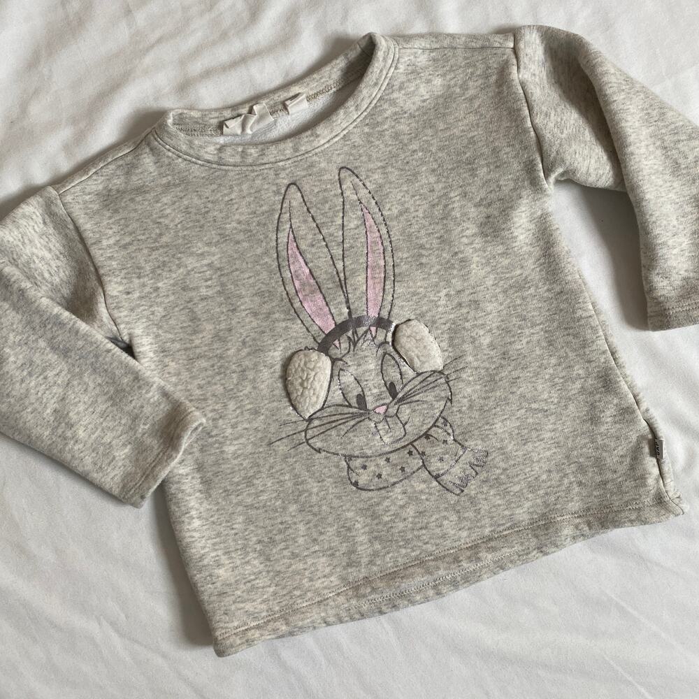 Baby Gap x Warner Bros Bugs Bunny Gray Fleece Lined Winter Sweater Sz 3